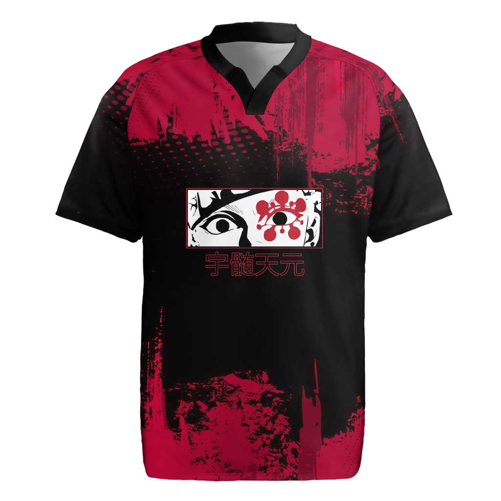 Tengen Uzui Demon Slayer Flashy Red Grunge Design Rugby Jersey with Eye Detail and Dual Sword Pose - The Mazicc