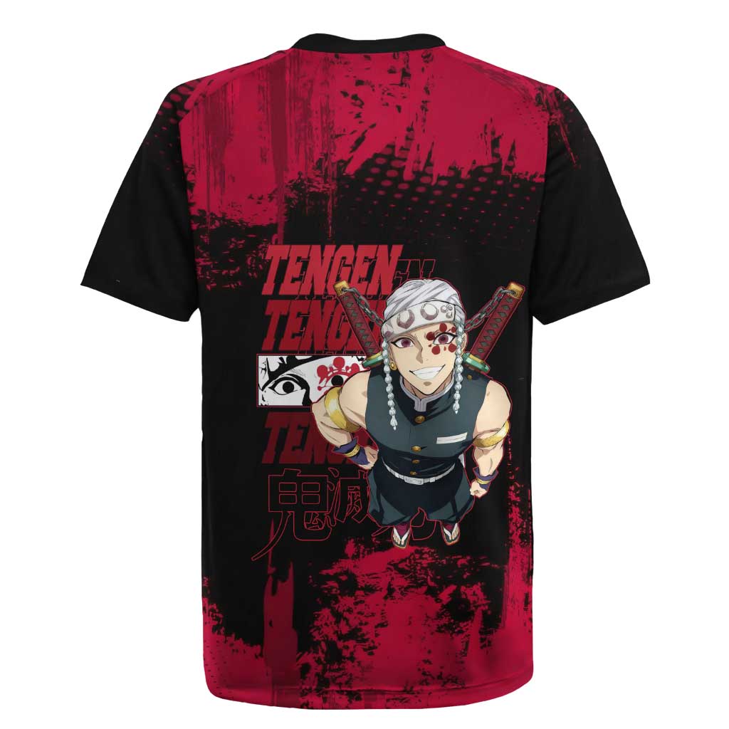 Tengen Uzui Demon Slayer Flashy Red Grunge Design Rugby Jersey with Eye Detail and Dual Sword Pose - The Mazicc