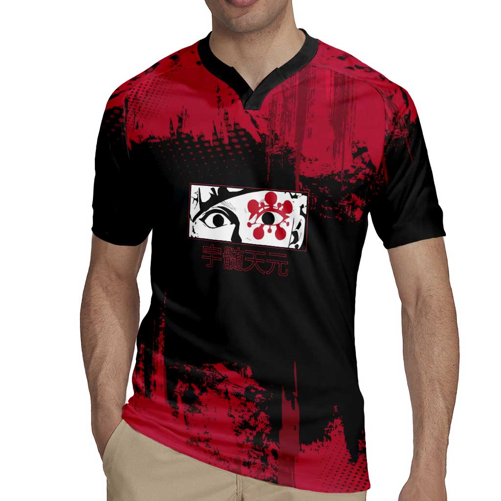 Tengen Uzui Demon Slayer Flashy Red Grunge Design Rugby Jersey with Eye Detail and Dual Sword Pose - The Mazicc
