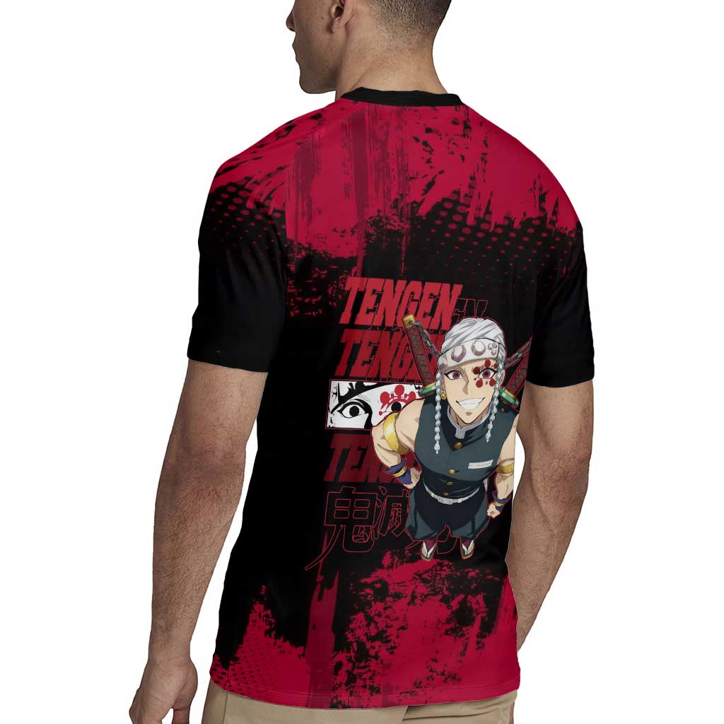 Tengen Uzui Demon Slayer Flashy Red Grunge Design Rugby Jersey with Eye Detail and Dual Sword Pose - The Mazicc