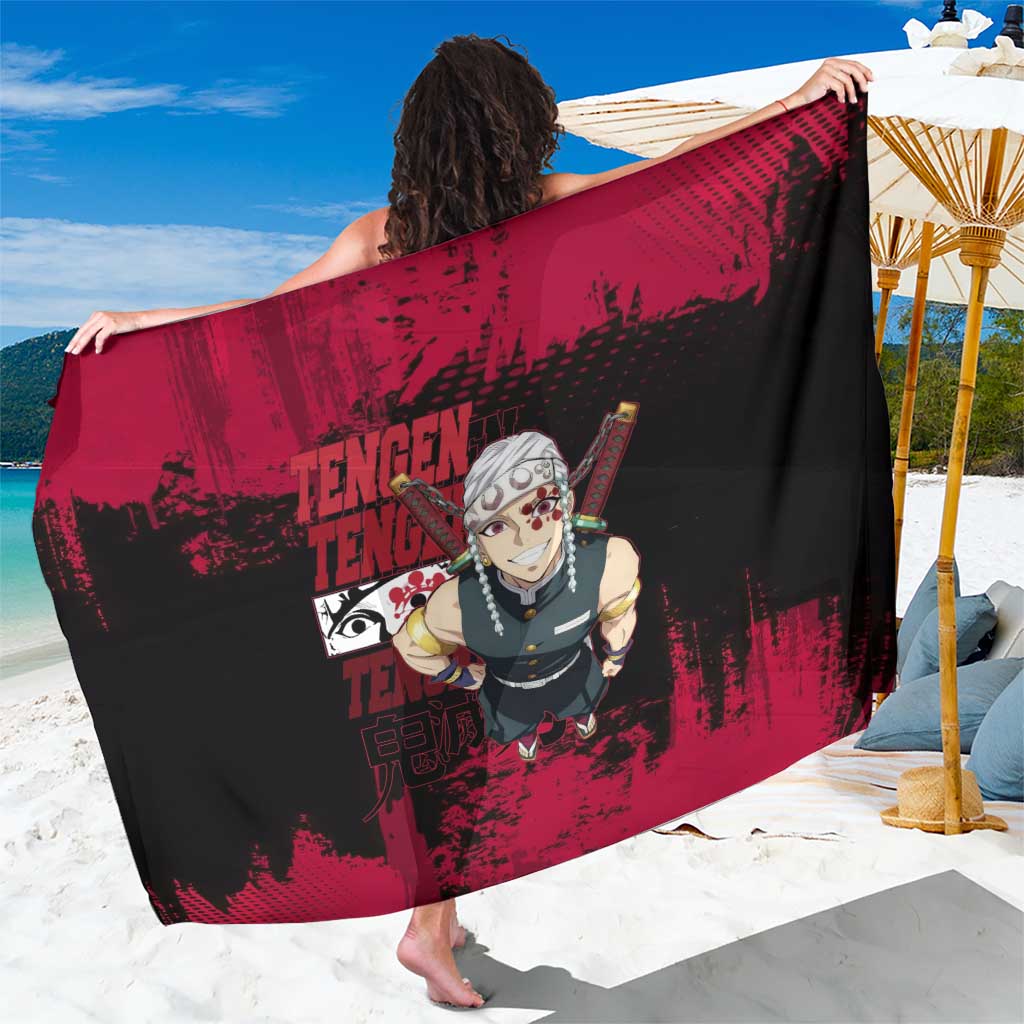 Tengen Uzui Demon Slayer Flashy Red Grunge Design Sarong with Eye Detail and Dual Sword Pose - The Mazicc