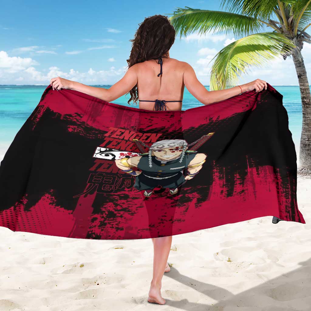 Tengen Uzui Demon Slayer Flashy Red Grunge Design Sarong with Eye Detail and Dual Sword Pose - The Mazicc