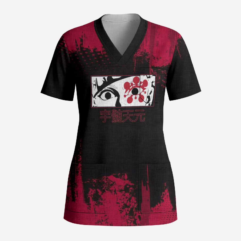 Tengen Uzui Demon Slayer Flashy Red Grunge Design Scrub Top with Eye Detail and Dual Sword Pose - The Mazicc