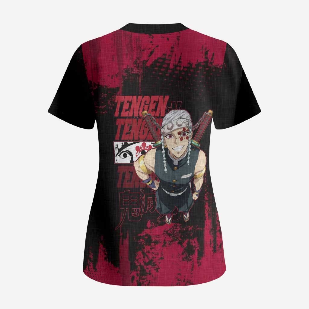 Tengen Uzui Demon Slayer Flashy Red Grunge Design Scrub Top with Eye Detail and Dual Sword Pose - The Mazicc