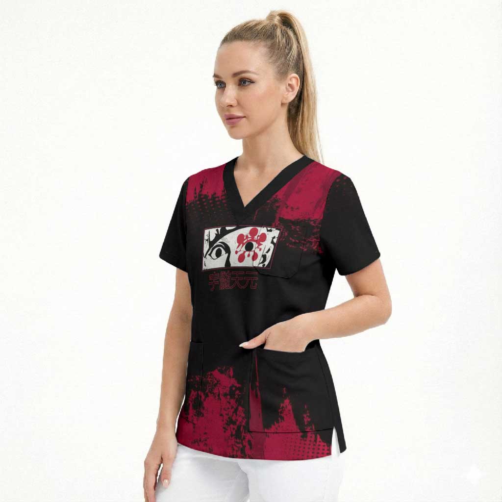Tengen Uzui Demon Slayer Flashy Red Grunge Design Scrub Top with Eye Detail and Dual Sword Pose - The Mazicc