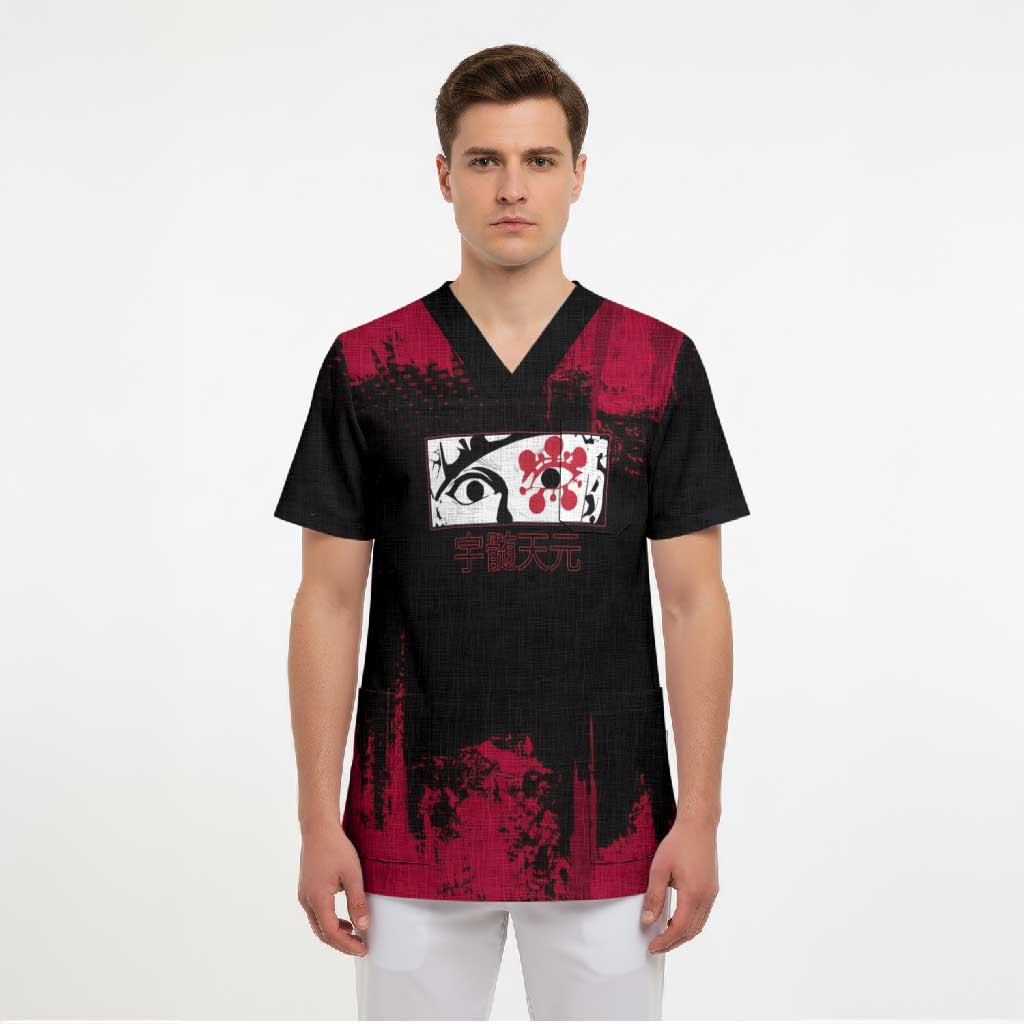 Tengen Uzui Demon Slayer Flashy Red Grunge Design Scrub Top with Eye Detail and Dual Sword Pose - The Mazicc
