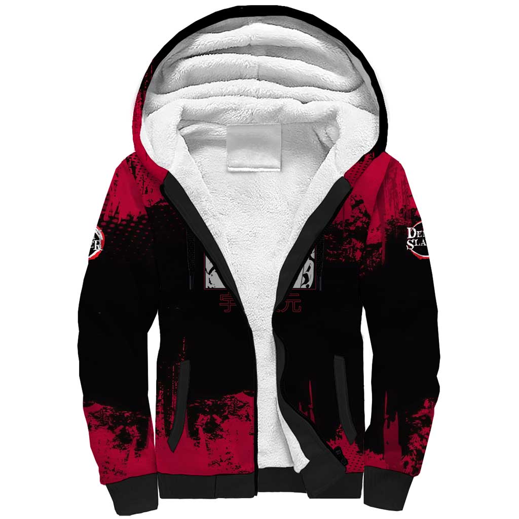 Tengen Uzui Demon Slayer Flashy Red Grunge Design Sherpa Hoodie with Eye Detail and Dual Sword Pose - The Mazicc