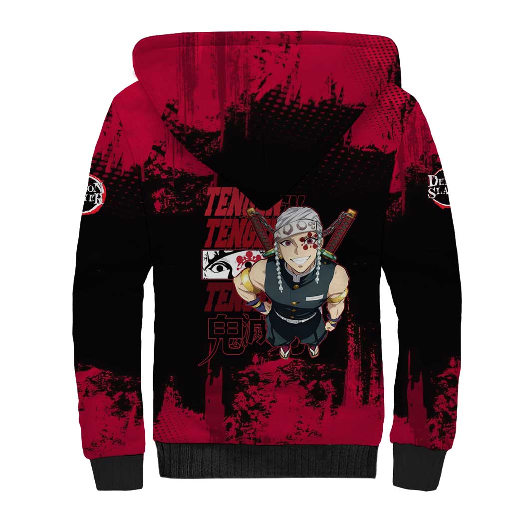 Tengen Uzui Demon Slayer Flashy Red Grunge Design Sherpa Hoodie with Eye Detail and Dual Sword Pose - The Mazicc