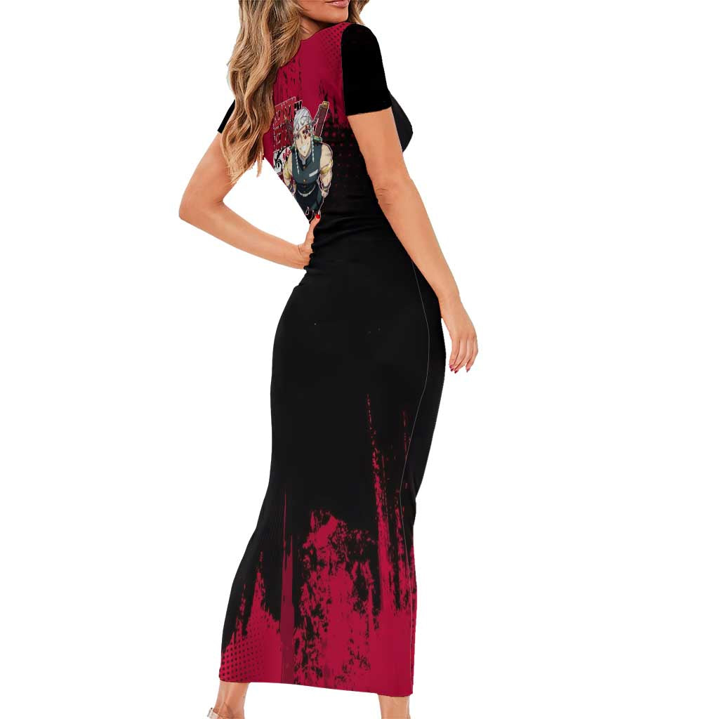 Tengen Uzui Demon Slayer Flashy Red Grunge Design Short Sleeve Bodycon Dress with Eye Detail and Dual Sword Pose - The Mazicc