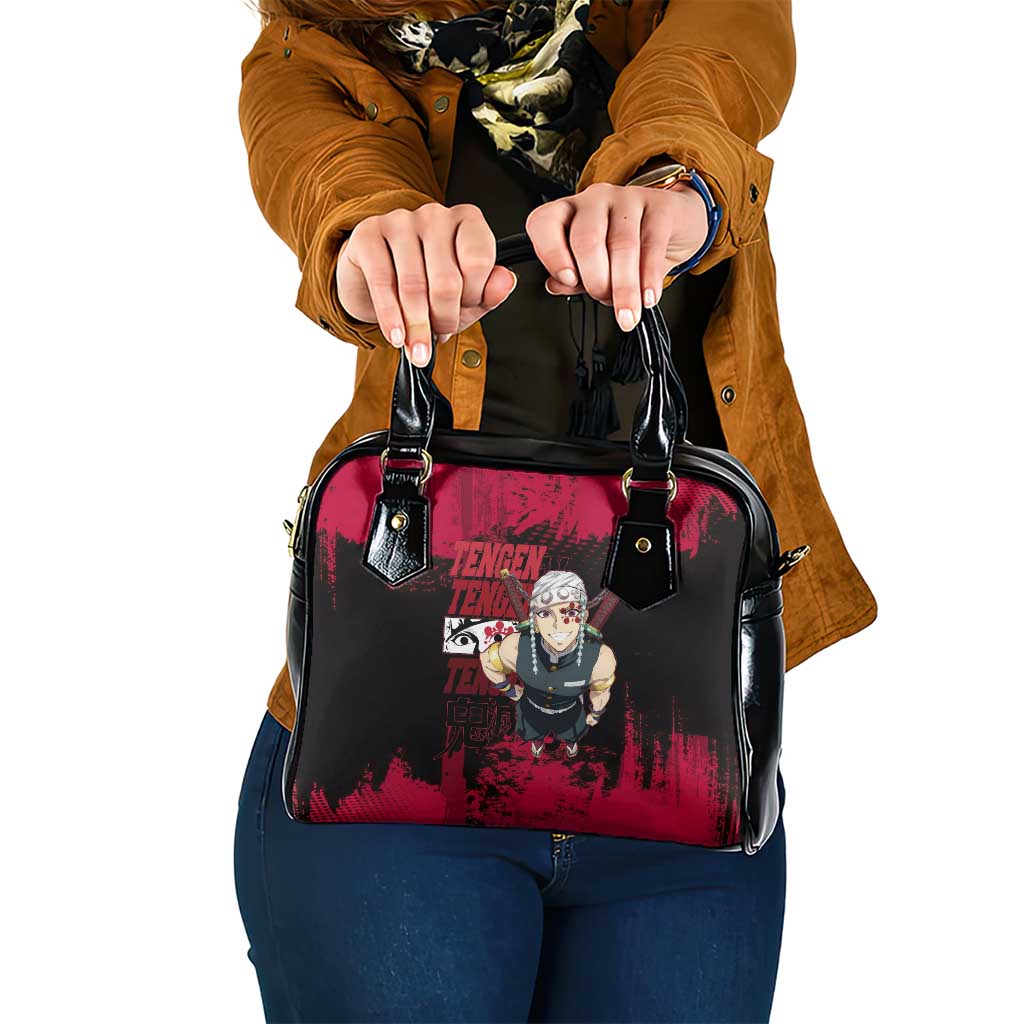 Tengen Uzui Demon Slayer Flashy Red Grunge Design Shoulder Handbag with Eye Detail and Dual Sword Pose - The Mazicc