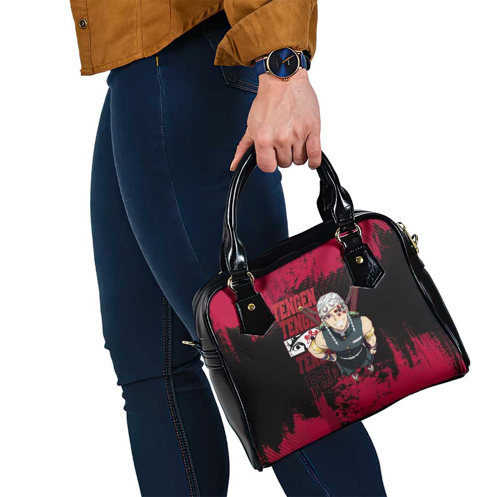 Tengen Uzui Demon Slayer Flashy Red Grunge Design Shoulder Handbag with Eye Detail and Dual Sword Pose - The Mazicc