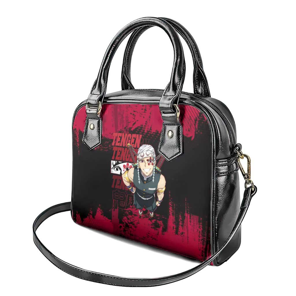 Tengen Uzui Demon Slayer Flashy Red Grunge Design Shoulder Handbag with Eye Detail and Dual Sword Pose - The Mazicc