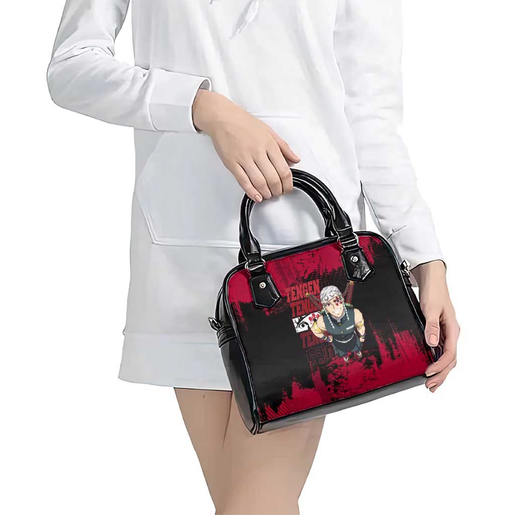 Tengen Uzui Demon Slayer Flashy Red Grunge Design Shoulder Handbag with Eye Detail and Dual Sword Pose - The Mazicc