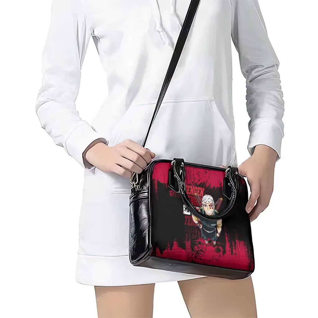 Tengen Uzui Demon Slayer Flashy Red Grunge Design Shoulder Handbag with Eye Detail and Dual Sword Pose - The Mazicc