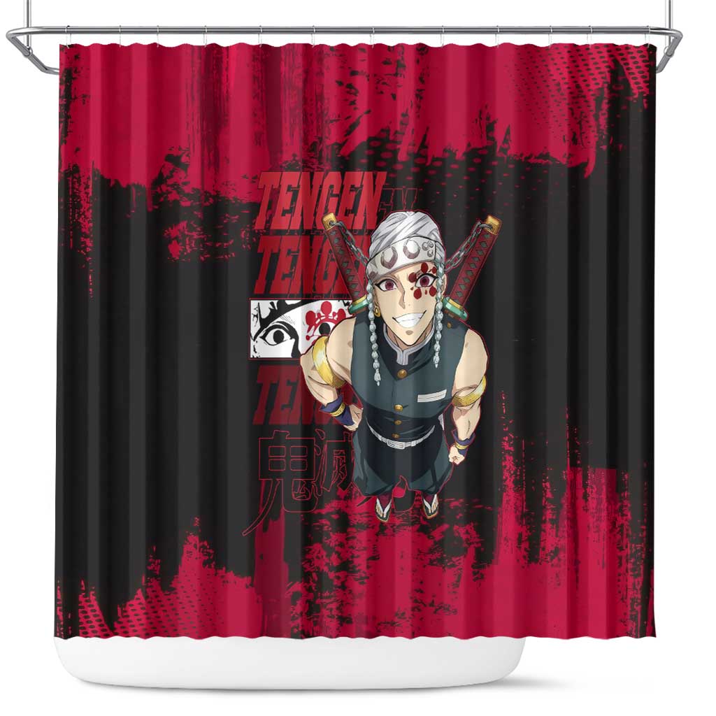Tengen Uzui Demon Slayer Flashy Red Grunge Design Shower Curtain with Eye Detail and Dual Sword Pose - The Mazicc