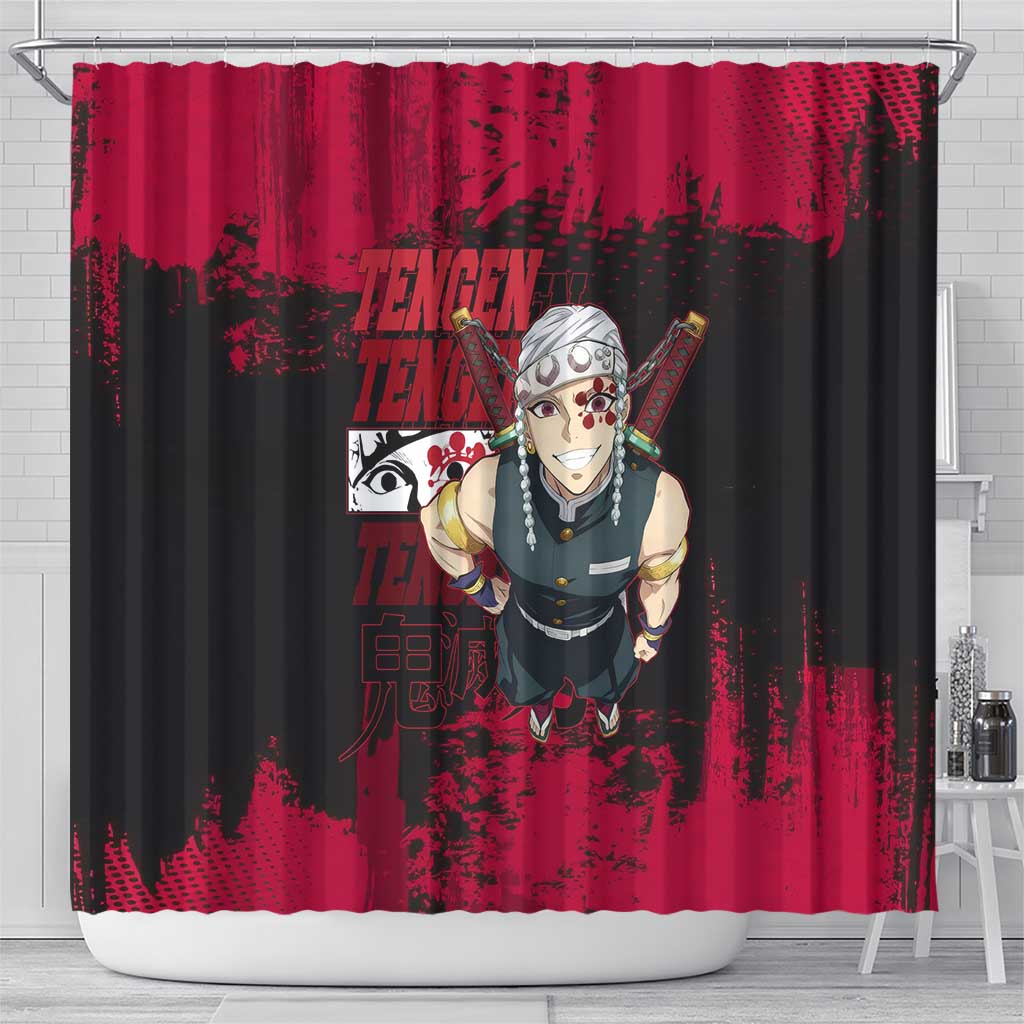 Tengen Uzui Demon Slayer Flashy Red Grunge Design Shower Curtain with Eye Detail and Dual Sword Pose - The Mazicc