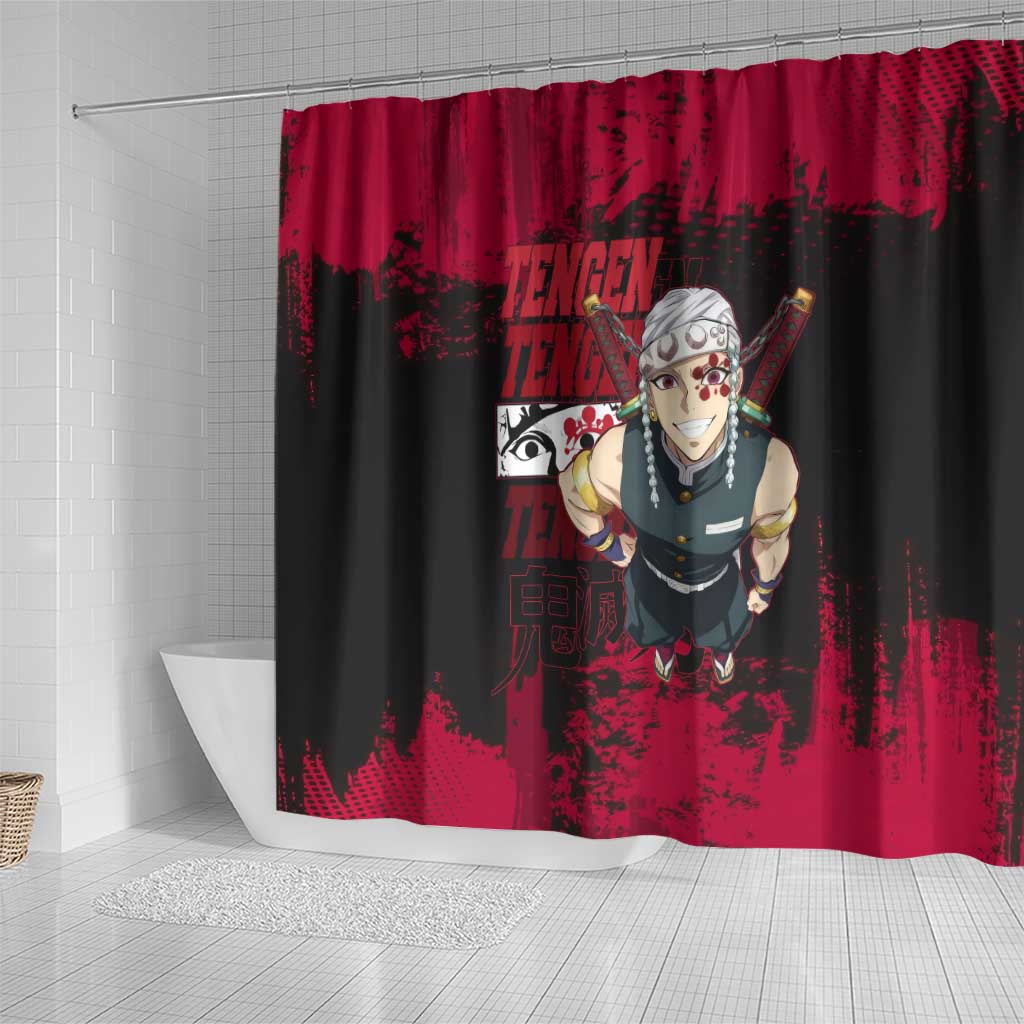 Tengen Uzui Demon Slayer Flashy Red Grunge Design Shower Curtain with Eye Detail and Dual Sword Pose - The Mazicc