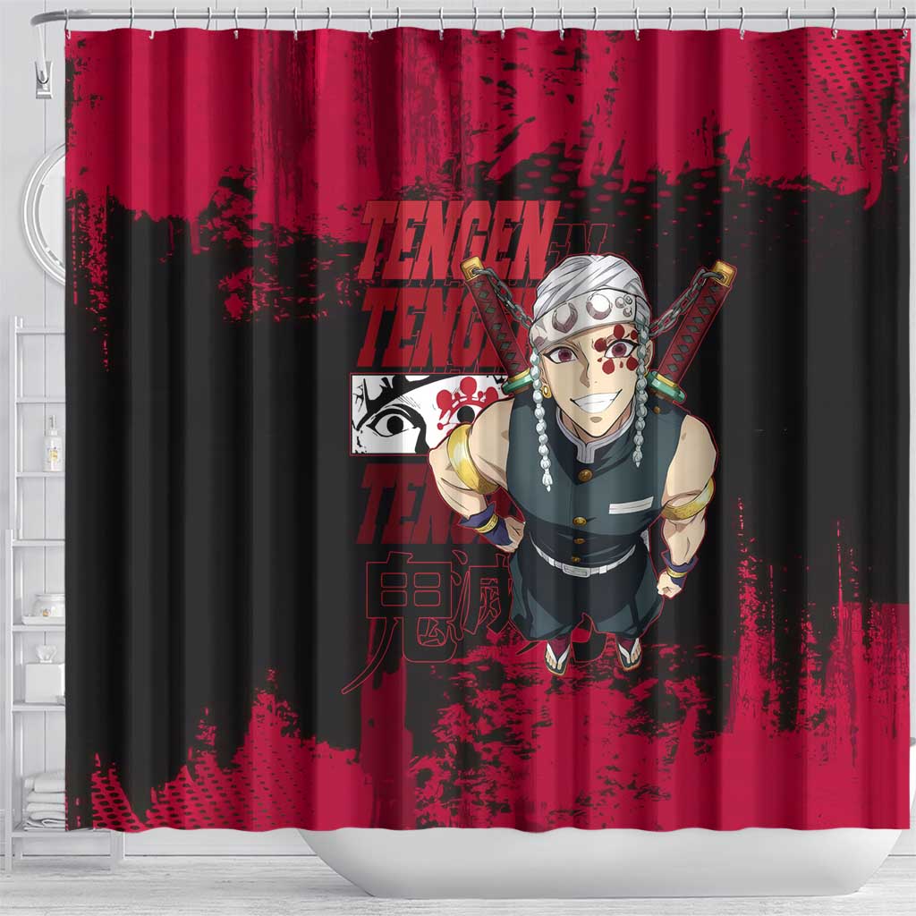 Tengen Uzui Demon Slayer Flashy Red Grunge Design Shower Curtain with Eye Detail and Dual Sword Pose - The Mazicc