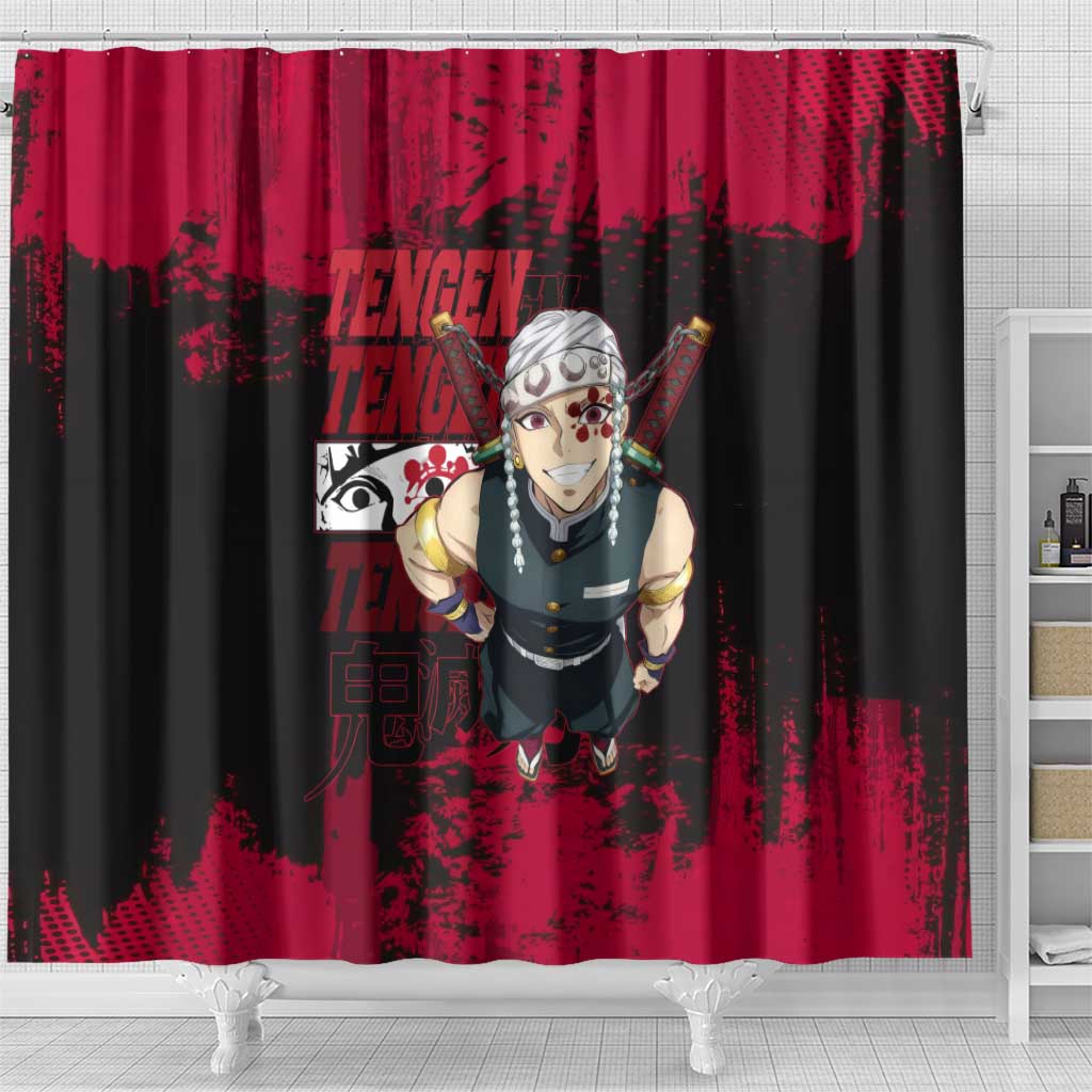 Tengen Uzui Demon Slayer Flashy Red Grunge Design Shower Curtain with Eye Detail and Dual Sword Pose - The Mazicc