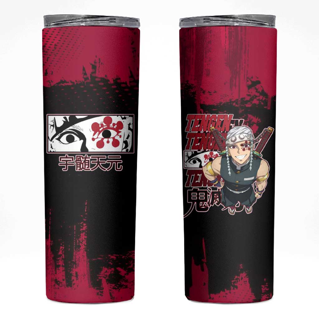 Tengen Uzui Demon Slayer Flashy Red Grunge Design Skinny Tumbler with Eye Detail and Dual Sword Pose - The Mazicc