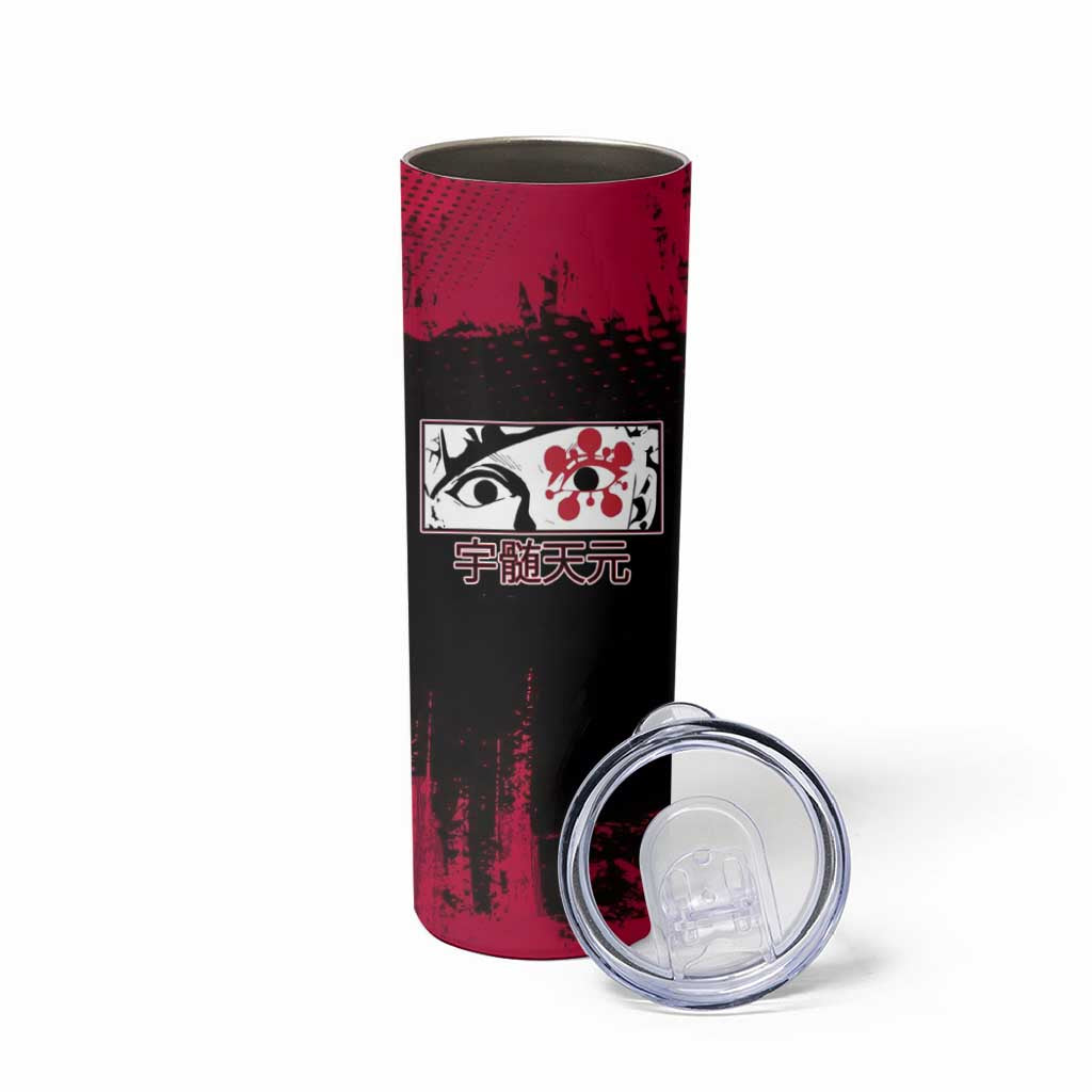 Tengen Uzui Demon Slayer Flashy Red Grunge Design Skinny Tumbler with Eye Detail and Dual Sword Pose - The Mazicc