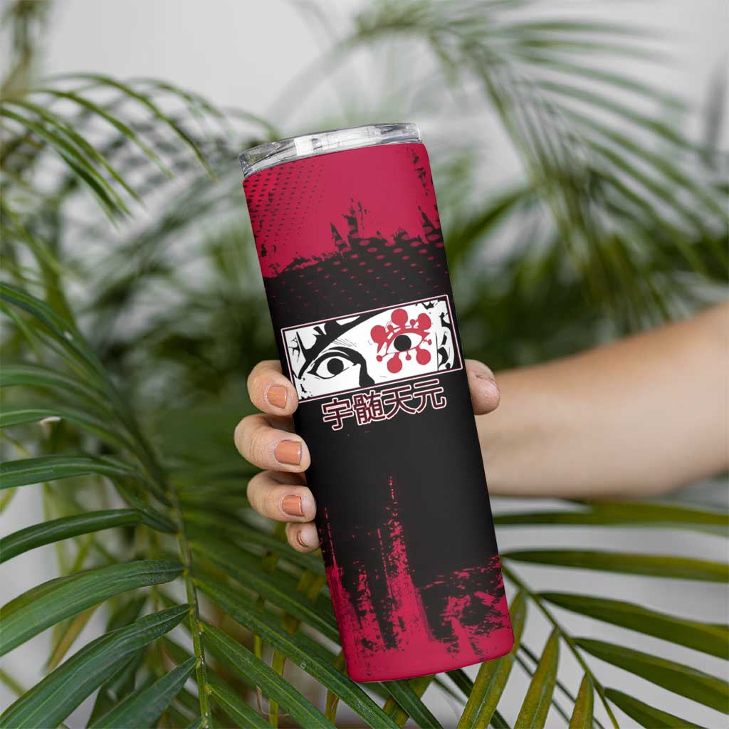 Tengen Uzui Demon Slayer Flashy Red Grunge Design Skinny Tumbler with Eye Detail and Dual Sword Pose - The Mazicc