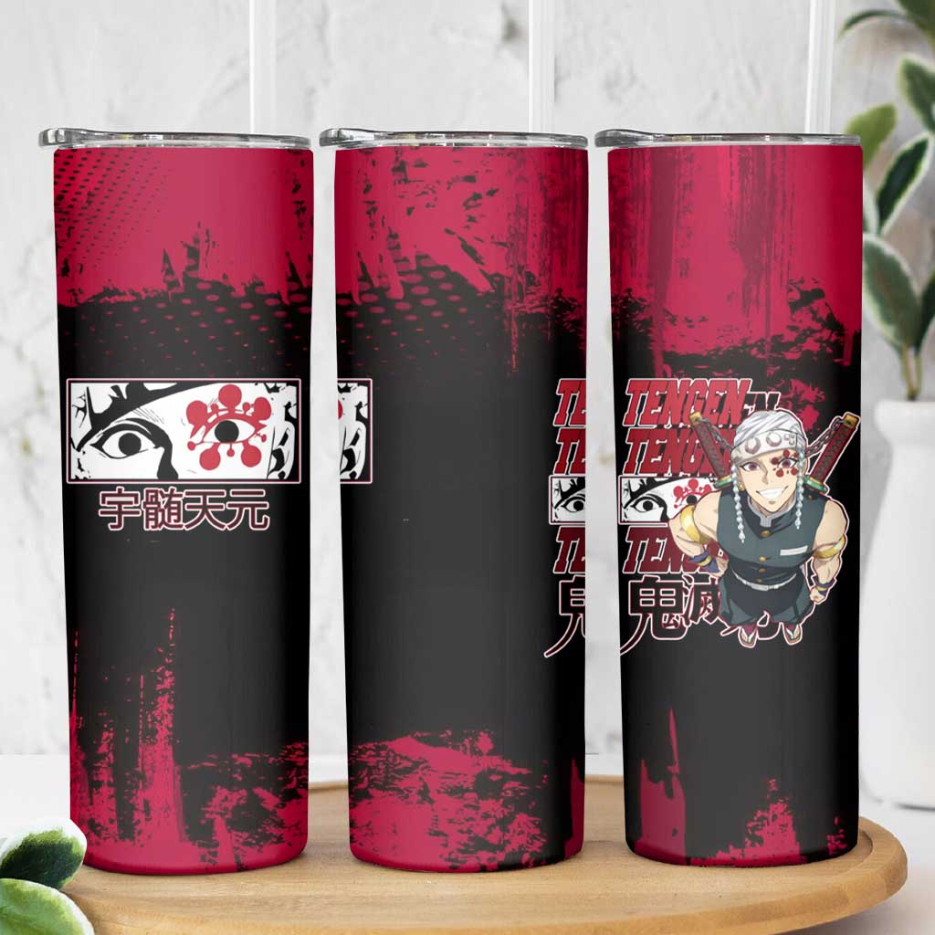 Tengen Uzui Demon Slayer Flashy Red Grunge Design Skinny Tumbler with Eye Detail and Dual Sword Pose - The Mazicc