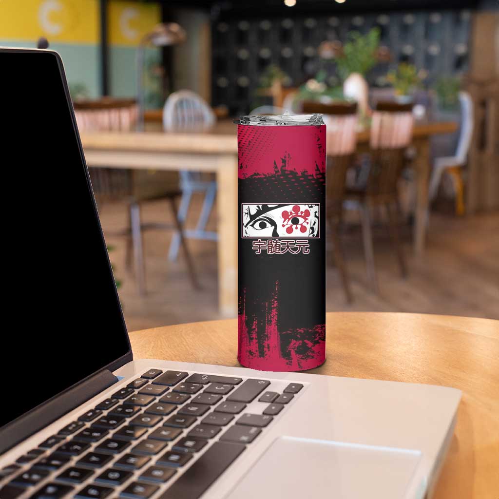 Tengen Uzui Demon Slayer Flashy Red Grunge Design Skinny Tumbler with Eye Detail and Dual Sword Pose - The Mazicc