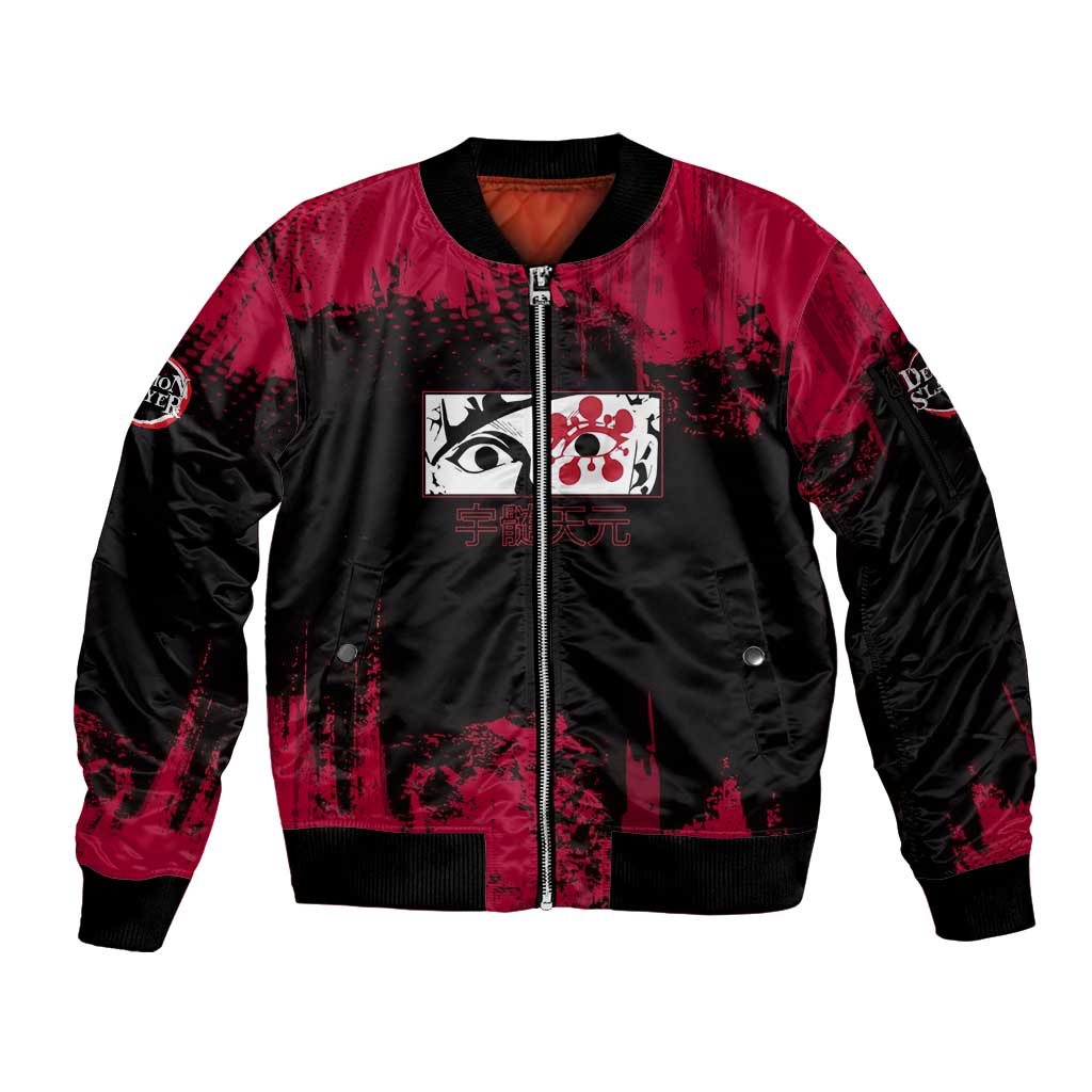 Tengen Uzui Demon Slayer Flashy Red Grunge Design Sleeve Zip Bomber Jacket with Eye Detail and Dual Sword Pose - The Mazicc