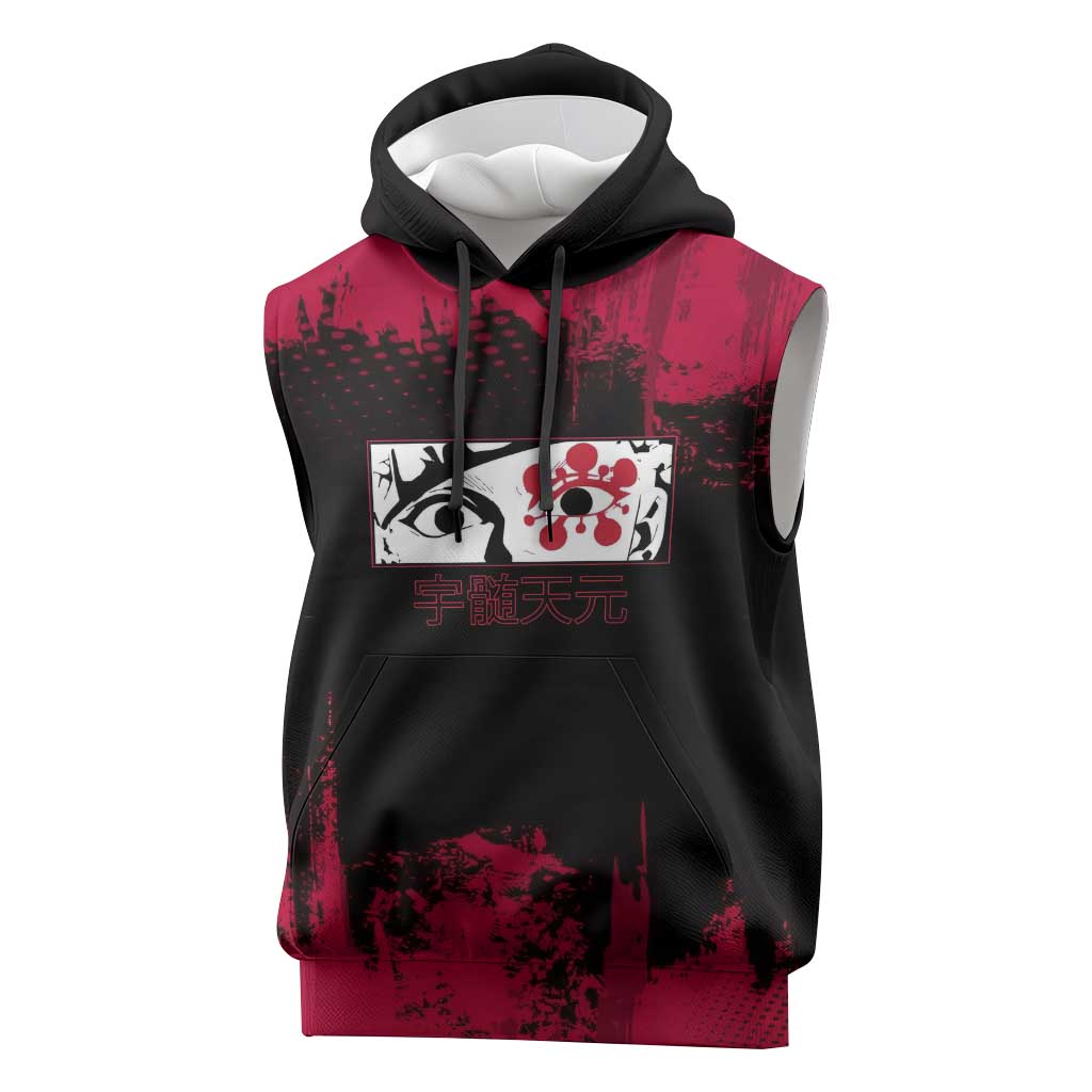 Tengen Uzui Demon Slayer Flashy Red Grunge Design Sleeveless Hoodie with Eye Detail and Dual Sword Pose - The Mazicc