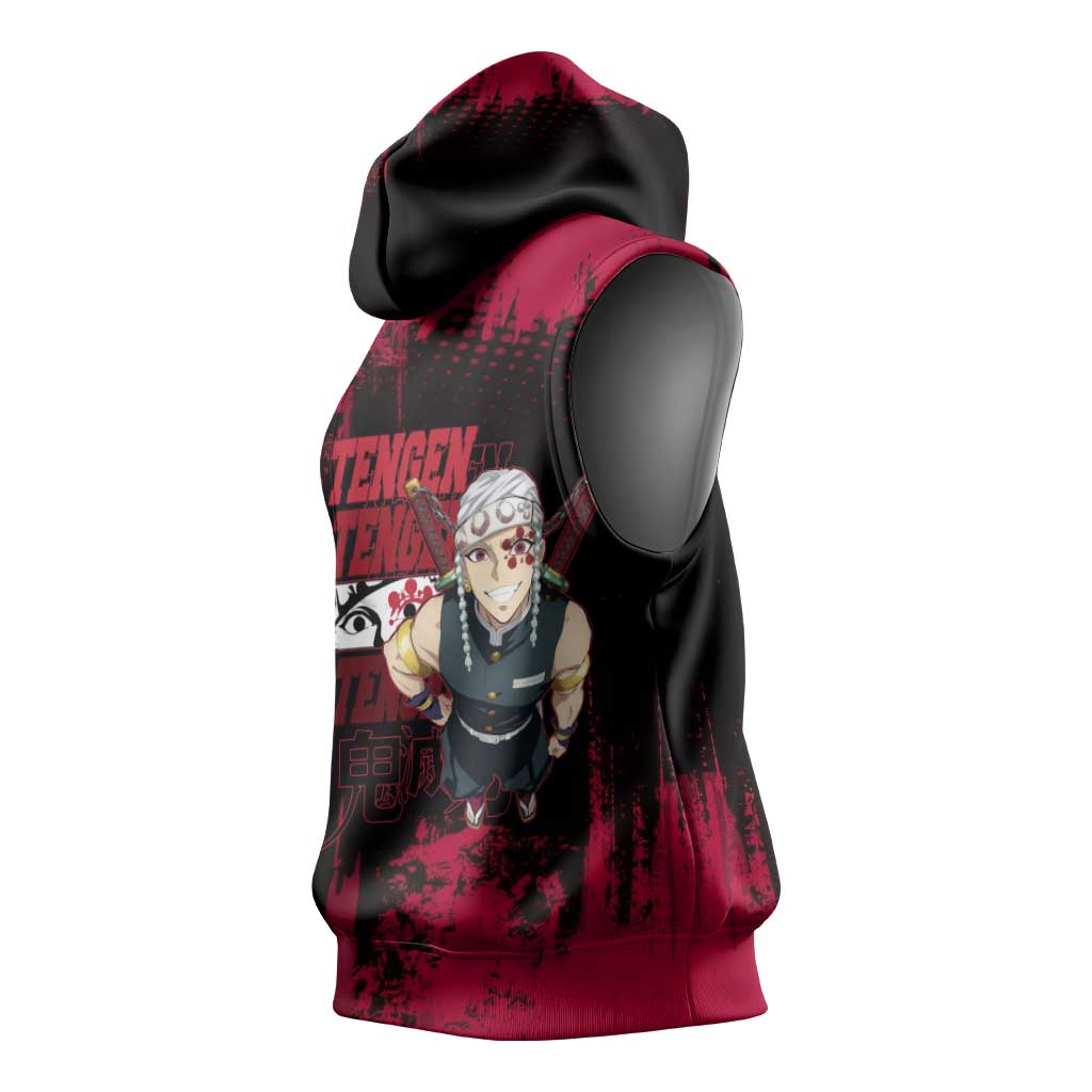 Tengen Uzui Demon Slayer Flashy Red Grunge Design Sleeveless Hoodie with Eye Detail and Dual Sword Pose - The Mazicc