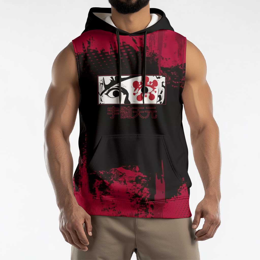 Tengen Uzui Demon Slayer Flashy Red Grunge Design Sleeveless Hoodie with Eye Detail and Dual Sword Pose - The Mazicc