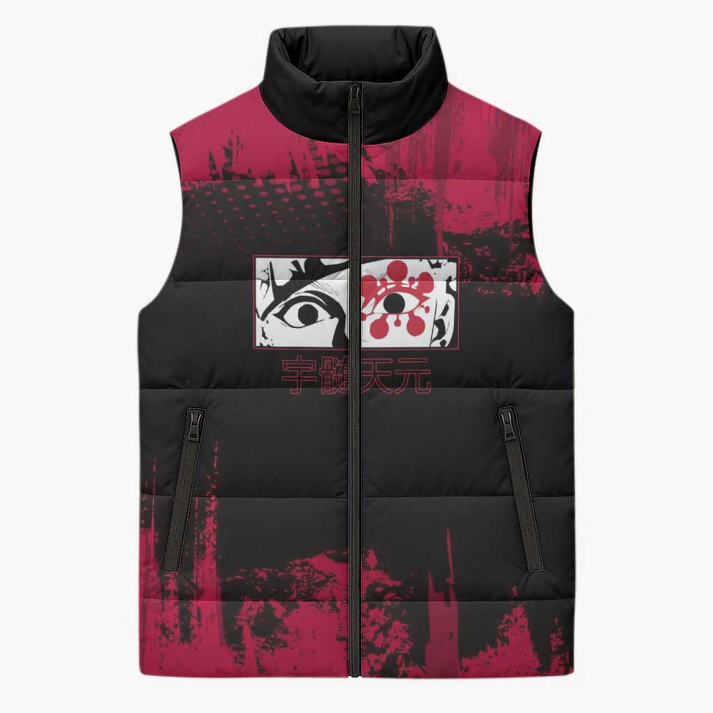Tengen Uzui Demon Slayer Flashy Red Grunge Design Sleeveless Puffer Jacket with Eye Detail and Dual Sword Pose - The Mazicc