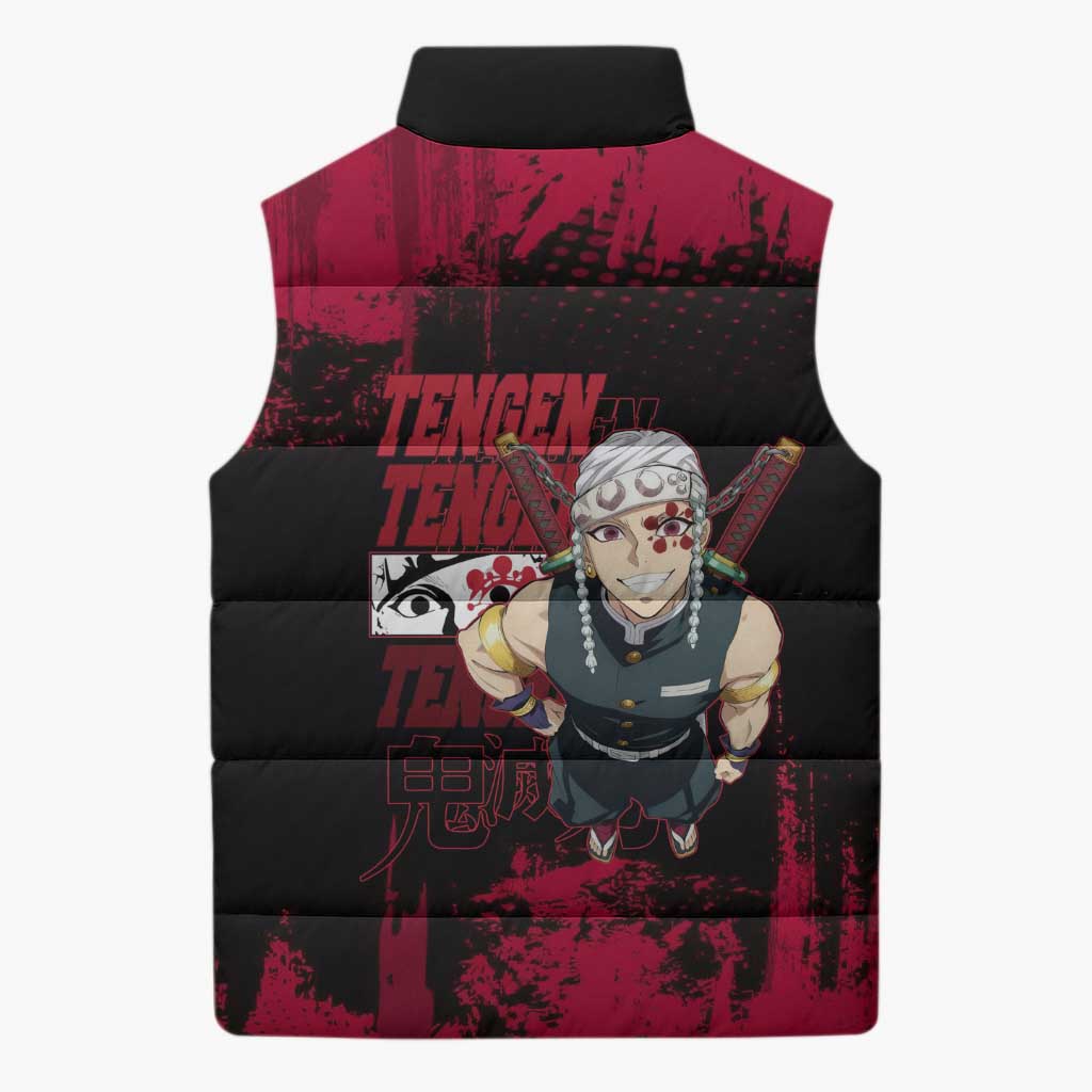 Tengen Uzui Demon Slayer Flashy Red Grunge Design Sleeveless Puffer Jacket with Eye Detail and Dual Sword Pose - The Mazicc