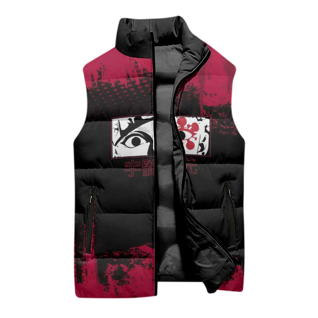 Tengen Uzui Demon Slayer Flashy Red Grunge Design Sleeveless Puffer Jacket with Eye Detail and Dual Sword Pose - The Mazicc