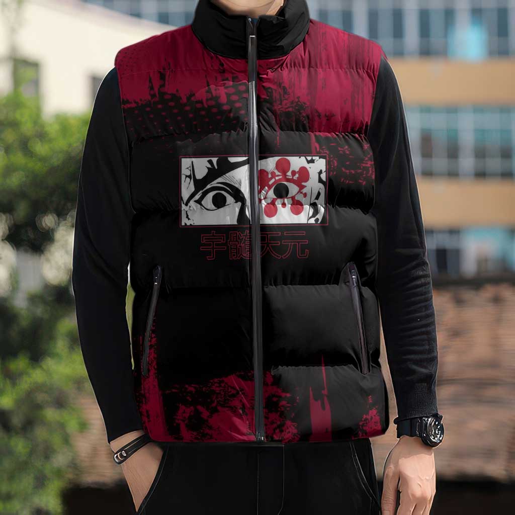 Tengen Uzui Demon Slayer Flashy Red Grunge Design Sleeveless Puffer Jacket with Eye Detail and Dual Sword Pose - The Mazicc
