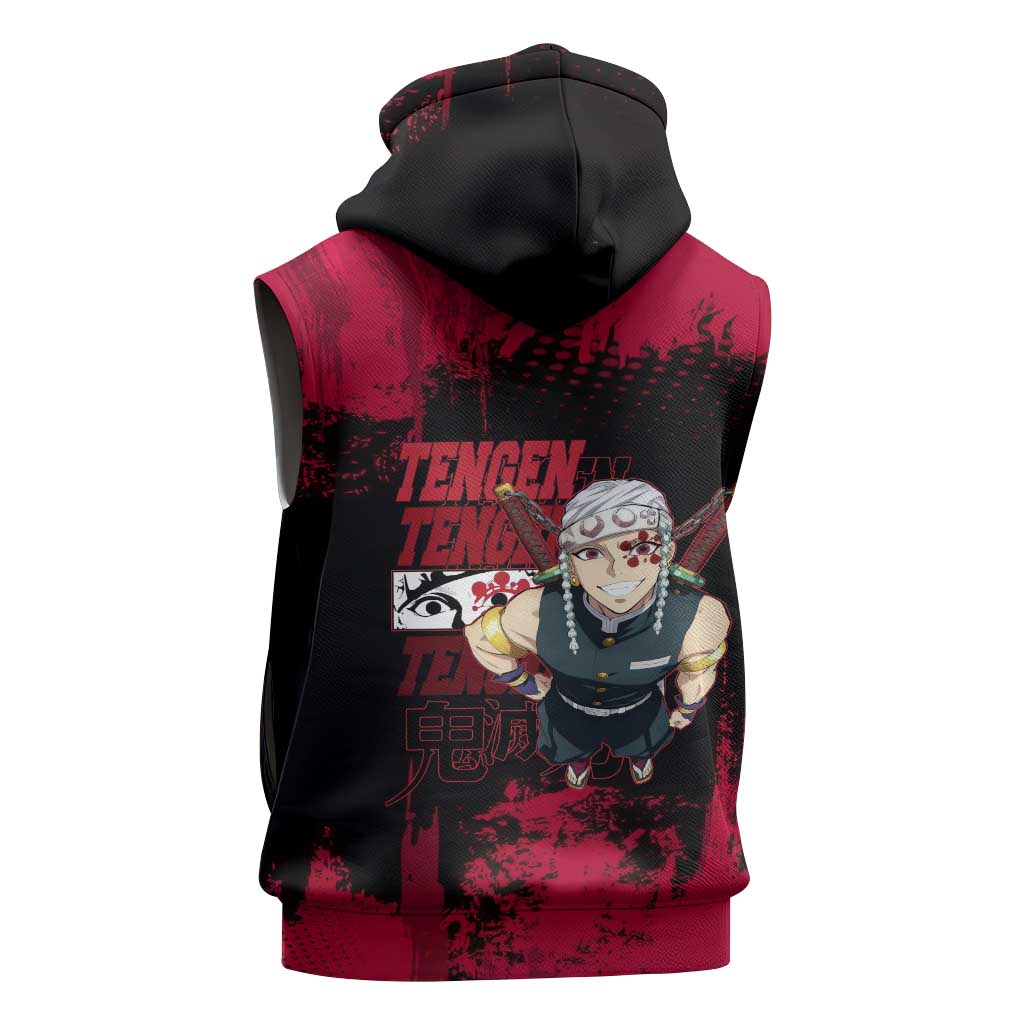 Tengen Uzui Demon Slayer Flashy Red Grunge Design Sleeveless Zip Hoodie with Eye Detail and Dual Sword Pose - The Mazicc