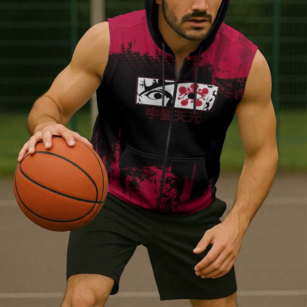 Tengen Uzui Demon Slayer Flashy Red Grunge Design Sleeveless Zip Hoodie with Eye Detail and Dual Sword Pose - The Mazicc
