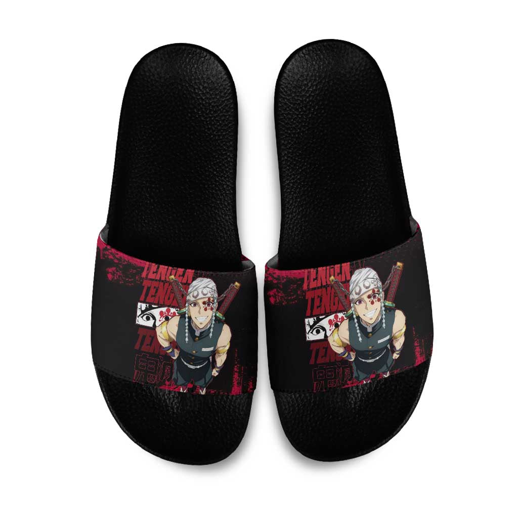Tengen Uzui Demon Slayer Flashy Red Grunge Design Slide Sandals with Eye Detail and Dual Sword Pose - The Mazicc