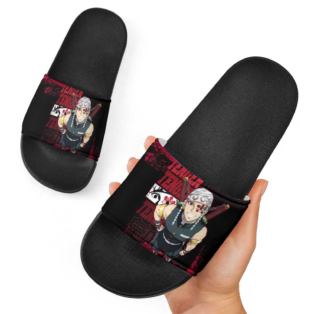 Tengen Uzui Demon Slayer Flashy Red Grunge Design Slide Sandals with Eye Detail and Dual Sword Pose - The Mazicc