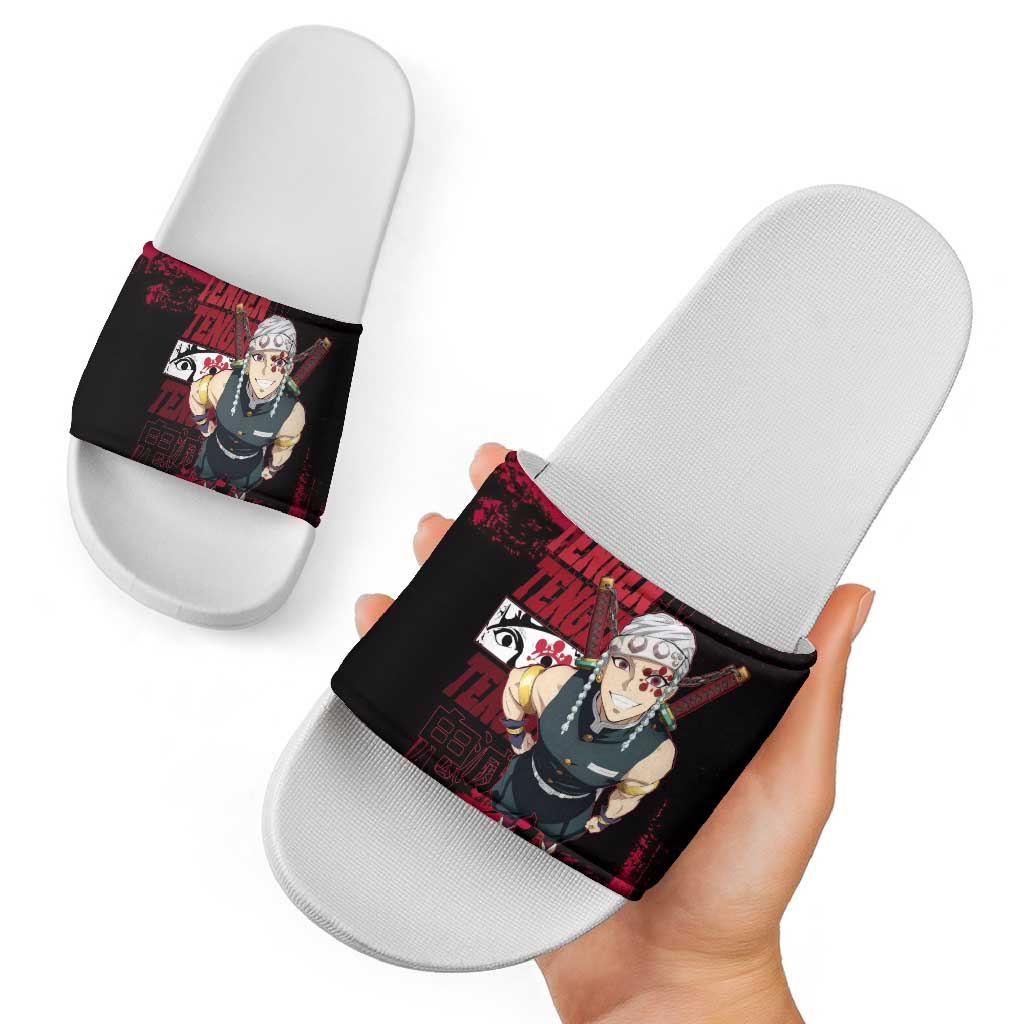 Tengen Uzui Demon Slayer Flashy Red Grunge Design Slide Sandals with Eye Detail and Dual Sword Pose - The Mazicc