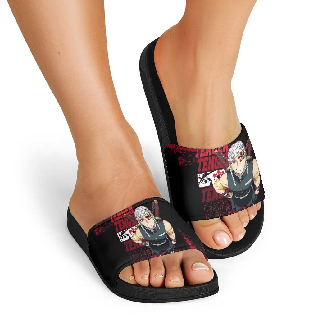 Tengen Uzui Demon Slayer Flashy Red Grunge Design Slide Sandals with Eye Detail and Dual Sword Pose - The Mazicc