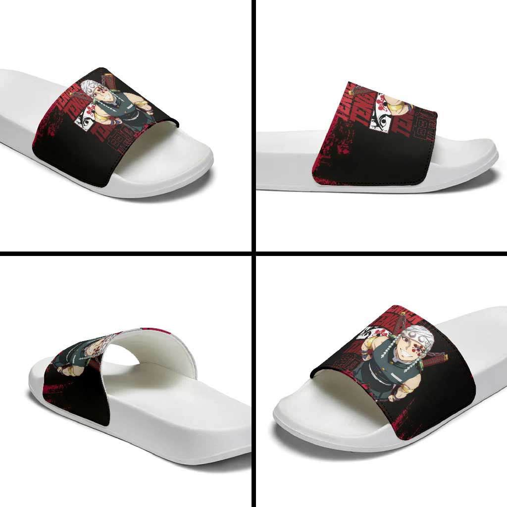 Tengen Uzui Demon Slayer Flashy Red Grunge Design Slide Sandals with Eye Detail and Dual Sword Pose - The Mazicc