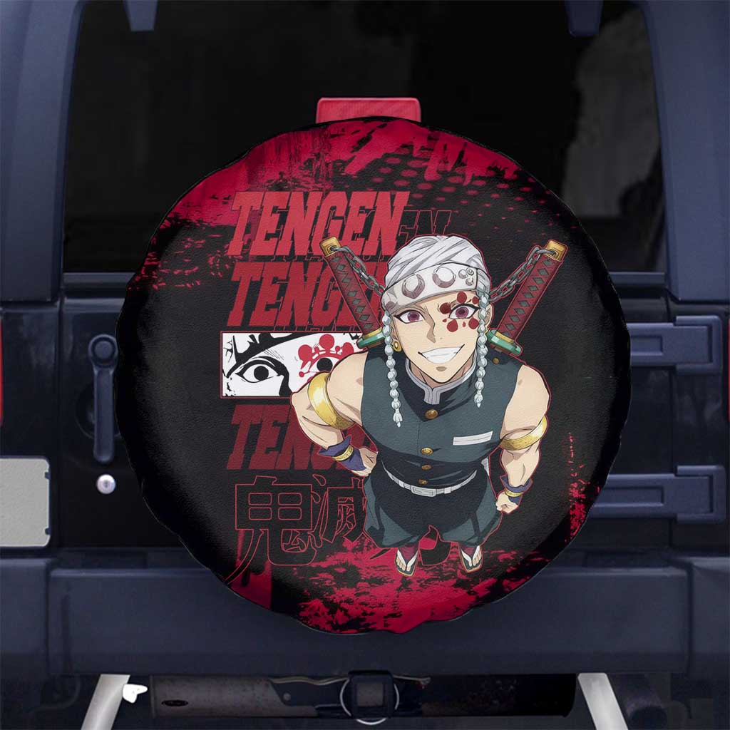 Tengen Uzui Demon Slayer Flashy Red Grunge Design Spare Tire Cover with Eye Detail and Dual Sword Pose - The Mazicc