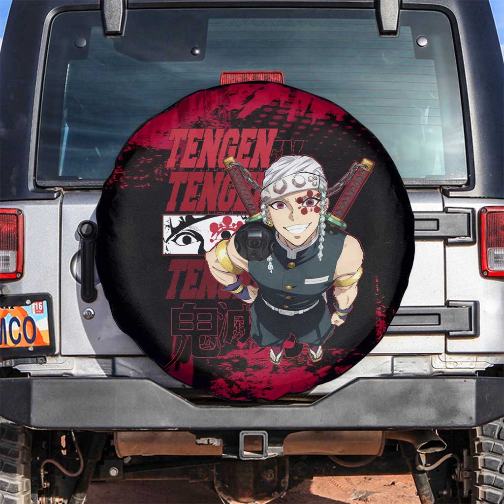 Tengen Uzui Demon Slayer Flashy Red Grunge Design Spare Tire Cover with Eye Detail and Dual Sword Pose - The Mazicc