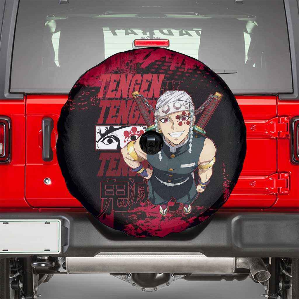 Tengen Uzui Demon Slayer Flashy Red Grunge Design Spare Tire Cover with Eye Detail and Dual Sword Pose - The Mazicc