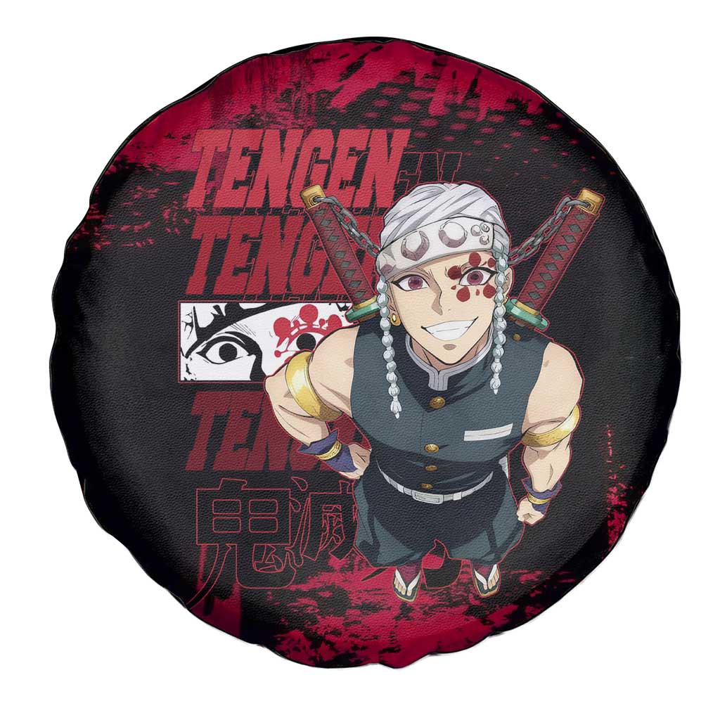 Tengen Uzui Demon Slayer Flashy Red Grunge Design Spare Tire Cover with Eye Detail and Dual Sword Pose - The Mazicc