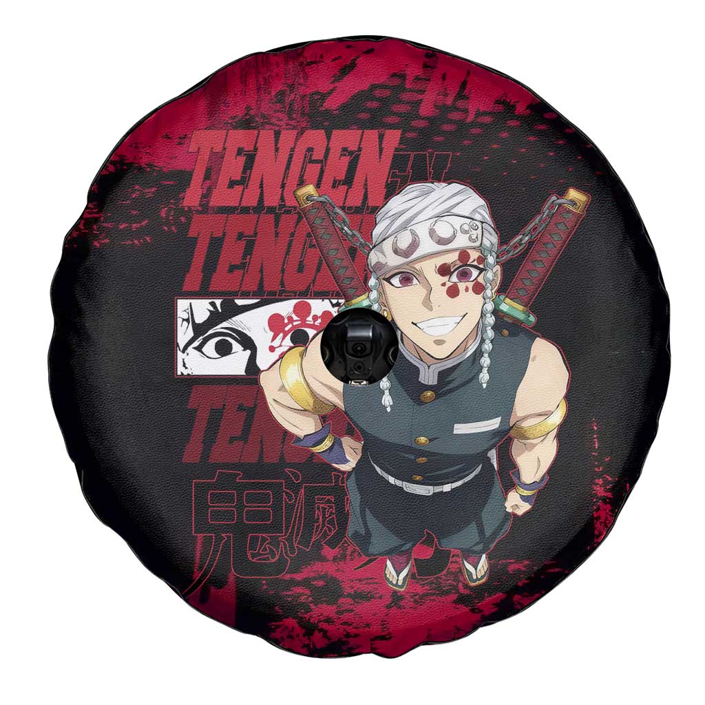 Tengen Uzui Demon Slayer Flashy Red Grunge Design Spare Tire Cover with Eye Detail and Dual Sword Pose - The Mazicc