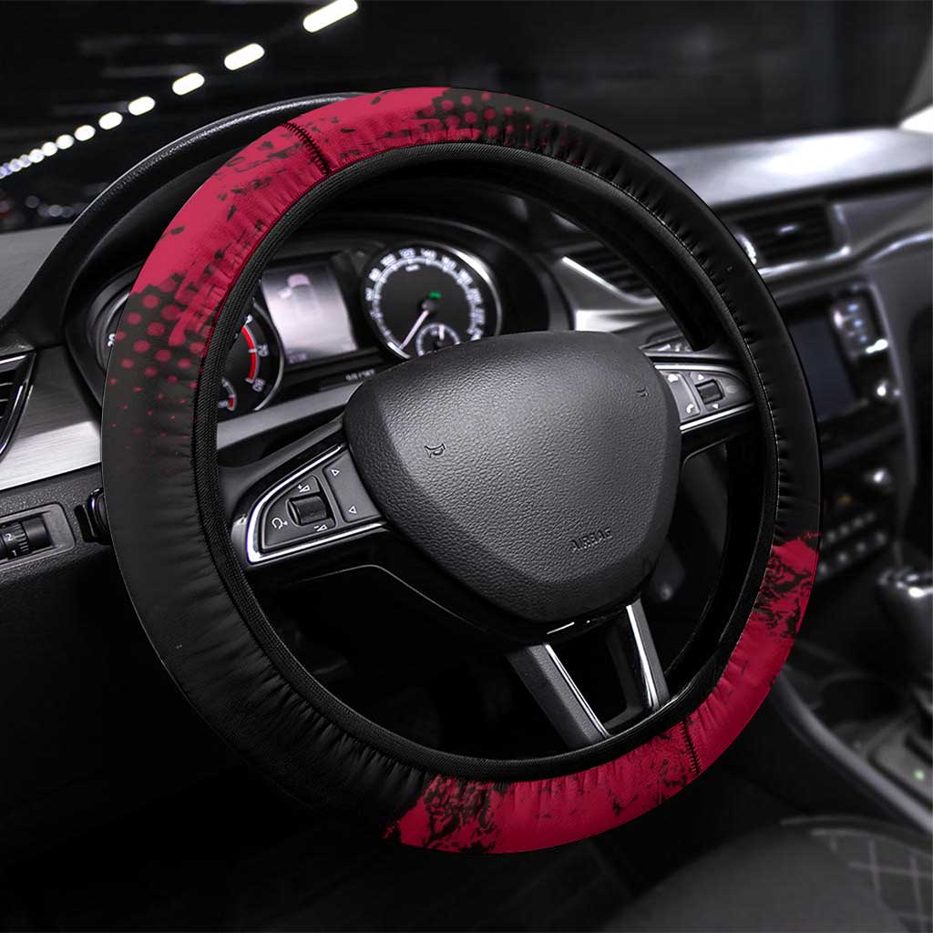 Tengen Uzui Demon Slayer Flashy Red Grunge Design Steering Wheel Cover with Eye Detail and Dual Sword Pose - The Mazicc