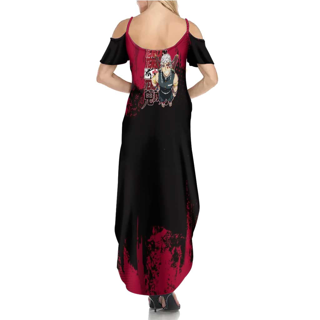 Tengen Uzui Demon Slayer Flashy Red Grunge Design Summer Maxi Dress with Eye Detail and Dual Sword Pose - The Mazicc